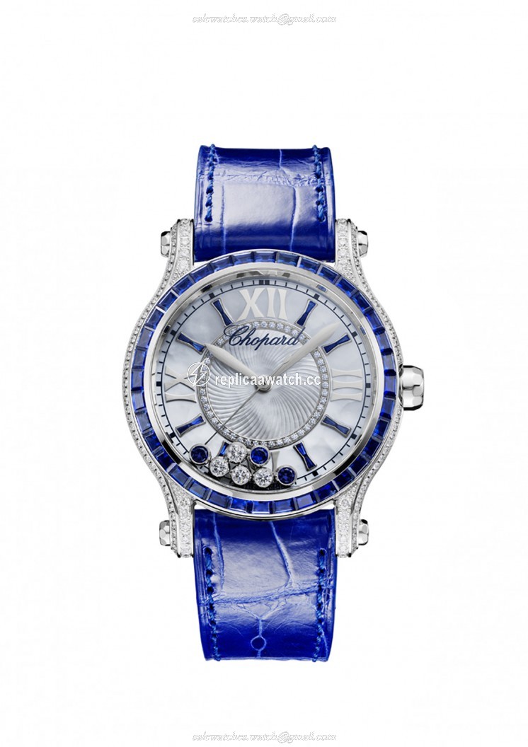 274891-1003 Chopard Happy Diamonds - Happy Sport Medium Automatic 18-Carat White Gold, Blue Sapphires & Diamonds